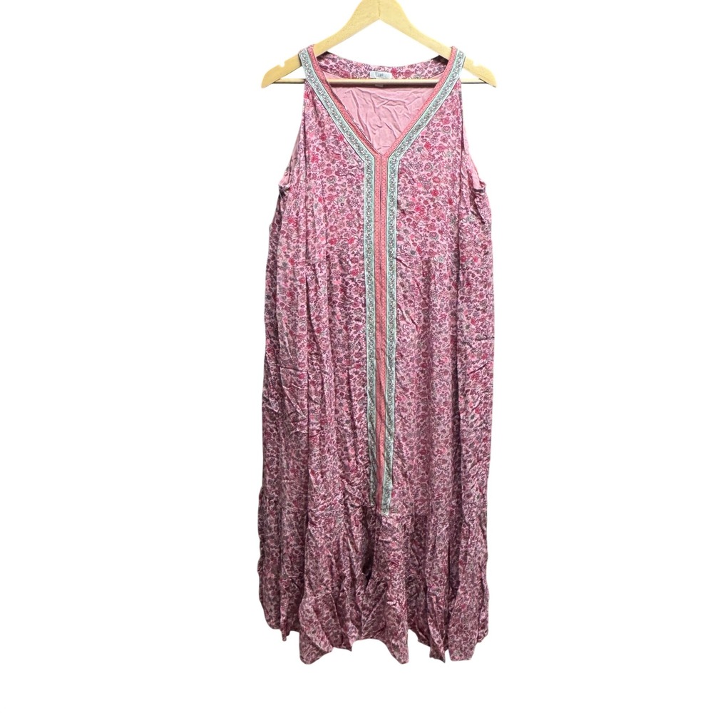 J.Jill Pink Floral Paisley‎ Tiered Maxi Dress Sleeveless V-Neck XL Boho Rayon